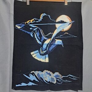Velvet Print Bird Over Water In Moonlight 16 x 20 Made In USA Blue White Black